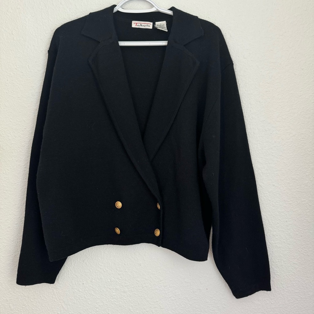 Vintage Talbots Double Breasted Gold Buttons Black Cropped Blazer Jacket Size L